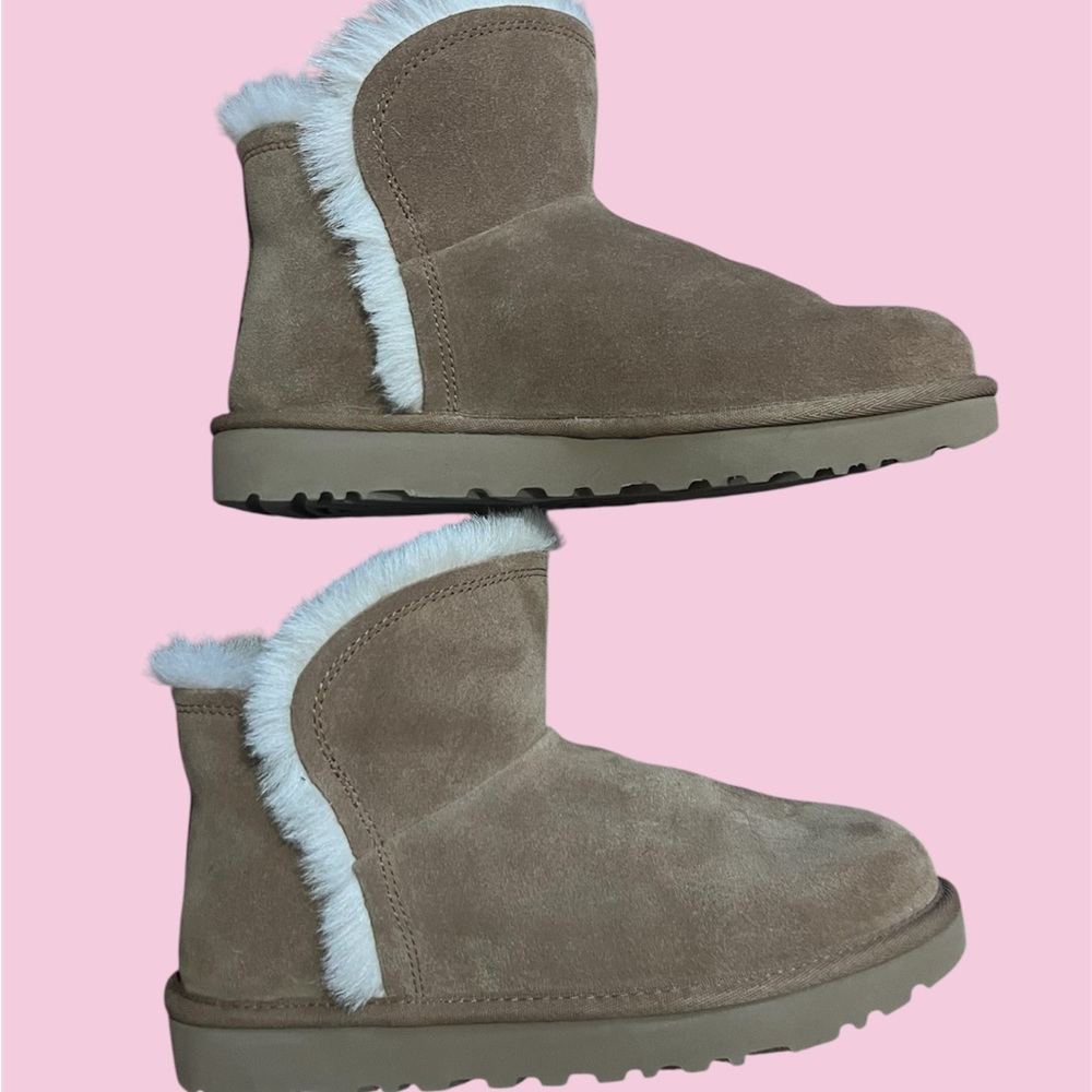 UGG Tan Suede Mini Boots with Cream Fur - new